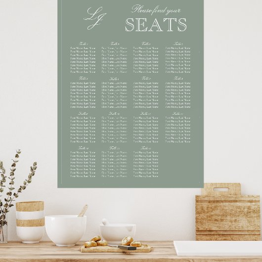 Monogram Script Sage Green Moderne Trouwstoel Poster (Keuken)