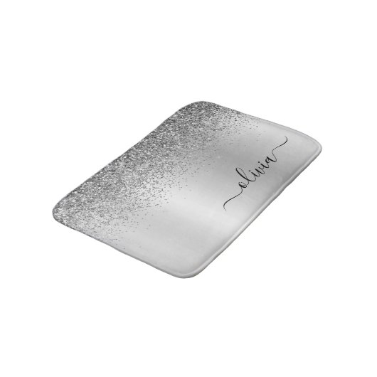 Monogram Script Silver Black Glitter Girly Name Badmat (Gekanteld)