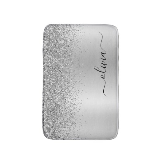 Monogram Script Silver Black Glitter Girly Name Badmat (Voorkant Verticaal)