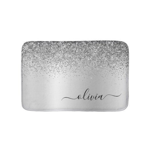 Monogram Script Silver Black Glitter Girly Name Badmat (Voorkant)