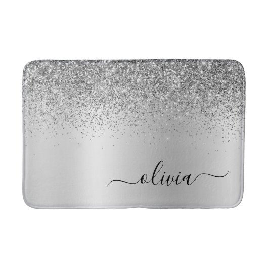 Monogram Script Silver Black Glitter Girly Name Badmat (Voorkant)