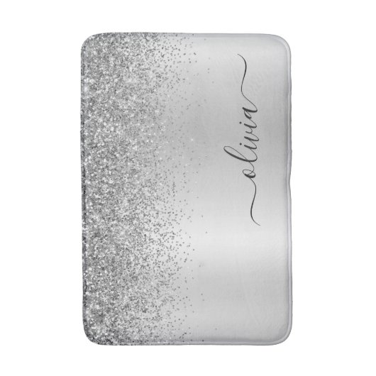 Monogram Script Silver Black Glitter Girly Name Badmat (Voorkant Verticaal)