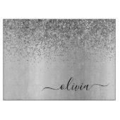 Monogram Script Silver Black Glitter Girly Name Snijplank (Voorkant)