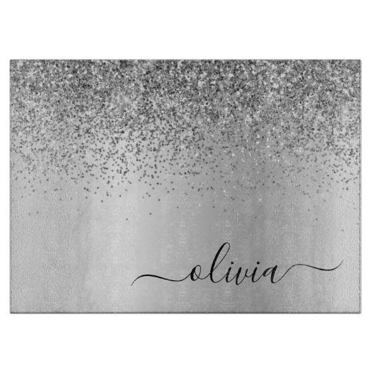 Monogram Script Silver Black Glitter Girly Name Snijplank (Voorkant)