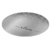 Monogram Script Silver Black Glitter Girly Name Snijplank (Hoek)