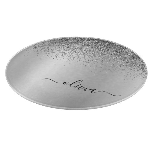 Monogram Script Silver Black Glitter Girly Name Snijplank (Hoek)
