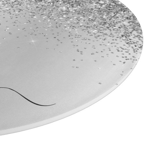 Monogram Script Silver Black Glitter Girly Name Snijplank (Hoek)