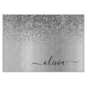 Monogram Script Silver Black Glitter Girly Name Snijplank (Voorkant)