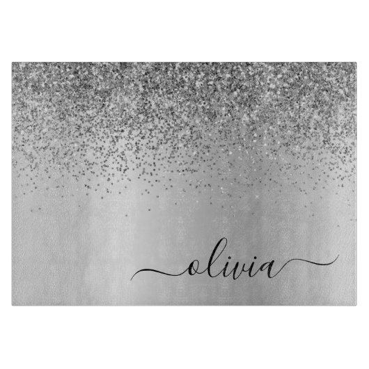 Monogram Script Silver Black Glitter Girly Name Snijplank (Voorkant)