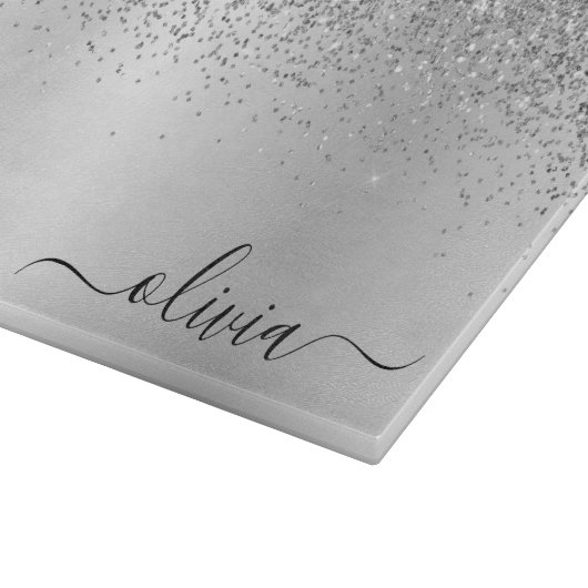 Monogram Script Silver Black Glitter Girly Name Snijplank (Hoek)