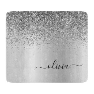 Monogram Script Silver Glitter Girly Name Snijplank