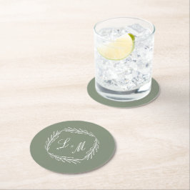 Monogram Script Tak Groene Huwelijkstak    Ronde Kartonnen Onderzetter