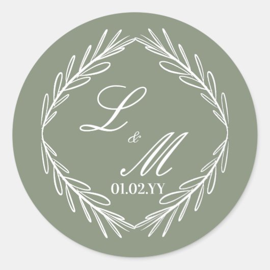 Monogram Script Tak Groene Huwelijkstak     Ronde Sticker (Voorkant)