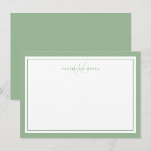 Monogram Script Two Border Minimalist Sage Green Notitiekaartje
