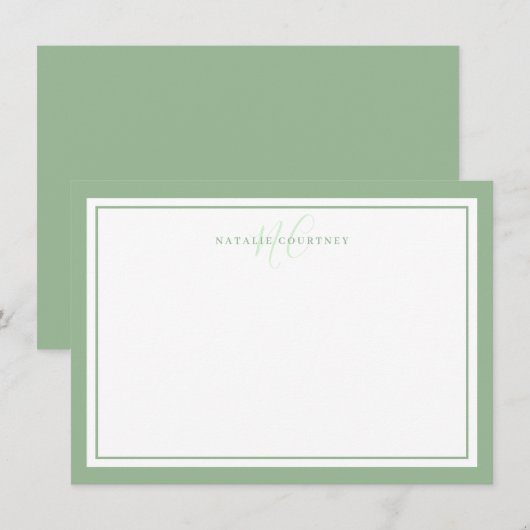 Monogram Script Two Border Minimalist Sage Green Notitiekaartje (Voorkant / Achterkant)
