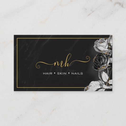 Monogram Script Typografie Floral Zwart & Goud Contactkaartje (Voorkant)