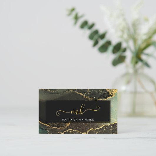 Monogram Script Typografie Zwart en Goud inkt Contactkaartje (Staand voorkant)