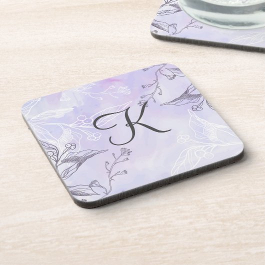 Monogram Script White Grey Paars Floral Bier Onderzetter (Linkerzijde)