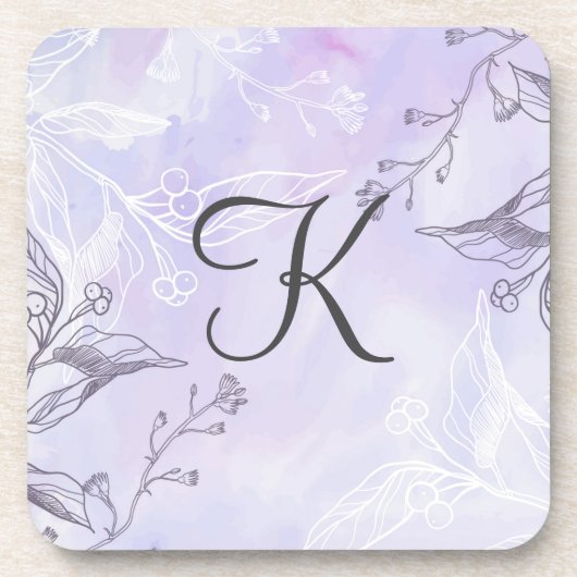 Monogram Script White Grey Paars Floral Bier Onderzetter (Voorkant)