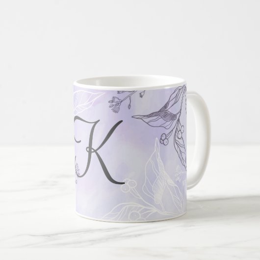 Monogram Script White Grey Paars Floral Koffiemok (Voorkant rechts)