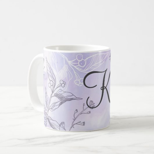 Monogram Script White Grey Paars Floral Koffiemok (Voorkant links)