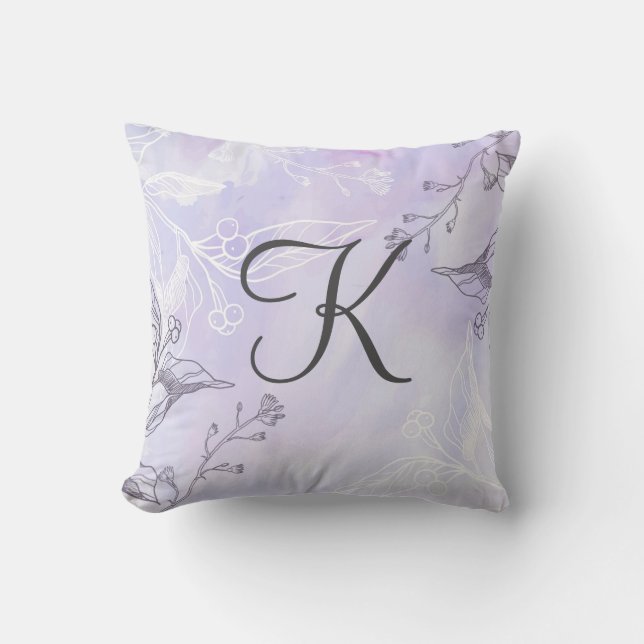 Monogram Script White Grey Paars Floral Kussen (Voorkant)