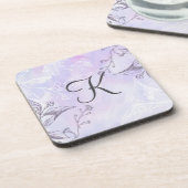 Monogram Script Wit Grijs Paars Bloemmotief Bier Onderzetter (Linkerzijde)