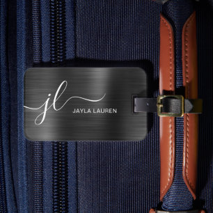 Monogram Script Zwart Grijs Faux Metal Steel Bagagelabel