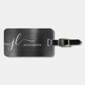 Monogram Script Zwart Grijs Faux Metal Steel Bagagelabel (Voorkant horizontaal)