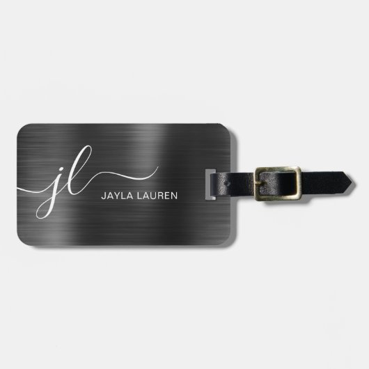Monogram Script Zwart Grijs Faux Metal Steel Bagagelabel (Voorkant horizontaal)