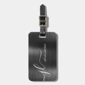 Monogram Script Zwart Grijs Faux Metal Steel Bagagelabel (Voorkant verticaal)