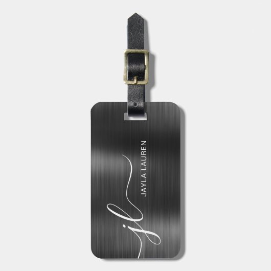 Monogram Script Zwart Grijs Faux Metal Steel Bagagelabel (Voorkant verticaal)