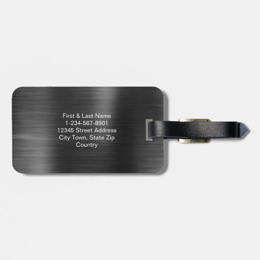 Monogram Script Zwart Grijs Faux Metal Steel Bagagelabel (Achterkant horizontaal)