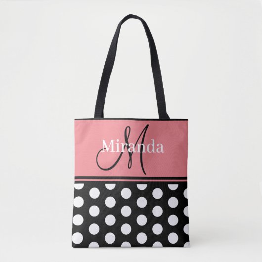 Monogram Script Zwart Roze Wit Polka Dots Tote Bag (Voorkant)