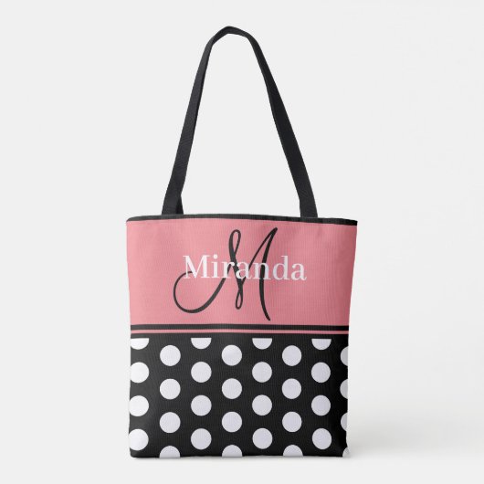 Monogram Script Zwart Roze Wit Polka Dots Tote Bag (Achterkant)