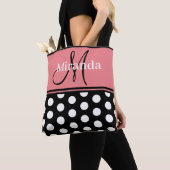 Monogram Script Zwart Roze Wit Polka Dots Tote Bag (Dichtbij)
