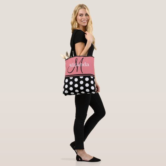 Monogram Script Zwart Roze Wit Polka Dots Tote Bag (Op model)