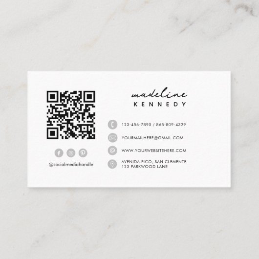 Monogram Script Zwart Wit Grijs QR-code Visitekaartje (Achterkant)