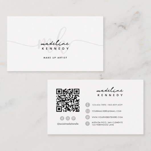 Monogram Script Zwart Wit Grijs QR-code Visitekaartje (Voorkant / Achterkant)