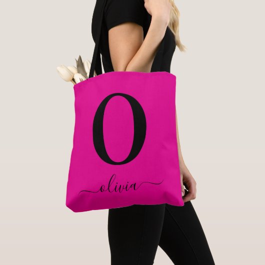 Monogram scriptnaam gepersonaliseerd roze en zwart tote bag (Dichtbij)