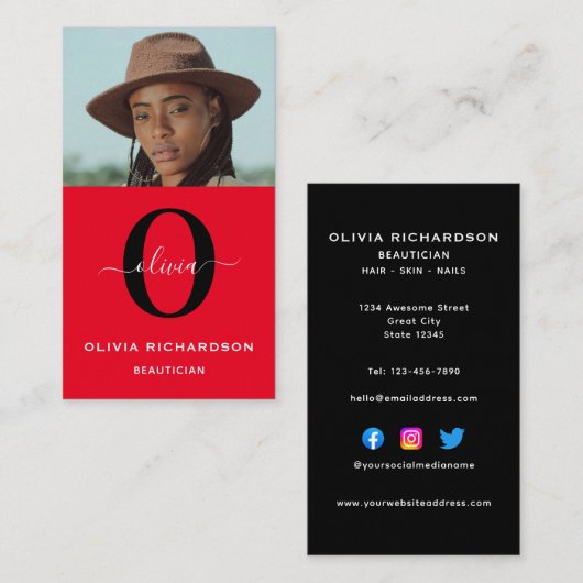 Monogram scriptnaam Rode zwarte witte taak Vertica Visitekaartje (Voorkant / Achterkant)