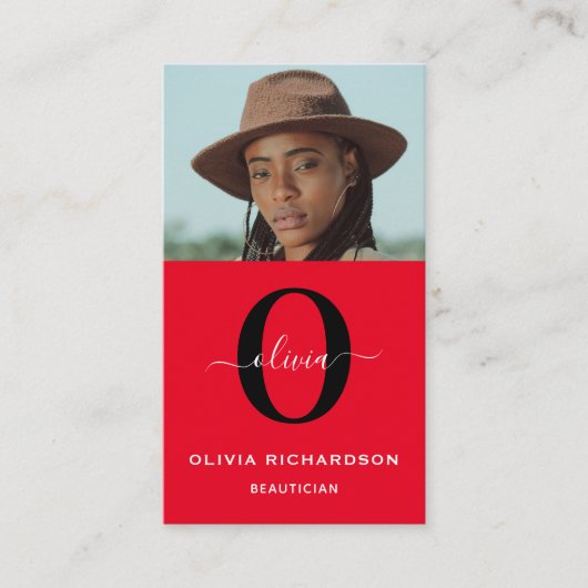 Monogram scriptnaam Rode zwarte witte taak Vertica Visitekaartje (Voorkant)