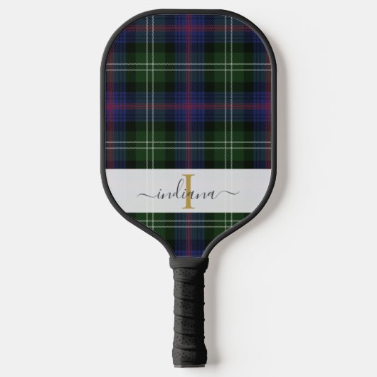 Monogram scriptnaam Spuit Groen Paars Tartan Pickleball Paddle (Voorkant)