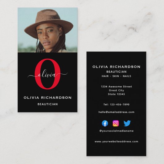 Monogram scriptnaam zwart wit rode taak verticaal visitekaartje (Voorkant / Achterkant)