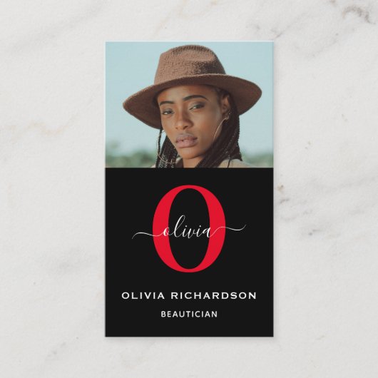 Monogram scriptnaam zwart wit rode taak verticaal visitekaartje (Voorkant)