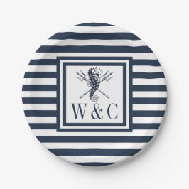 Monogram Seahorse Nautical Navy Blue Stripe Papieren Bordje