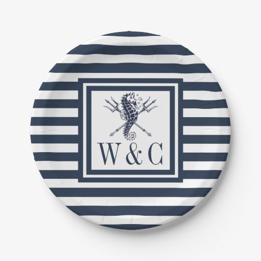 Monogram Seahorse Nautical Navy Blue Stripe Papieren Bordje (Voorkant)