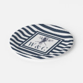 Monogram Seahorse Nautical Navy Blue Stripe Papieren Bordje (Gekanteld)