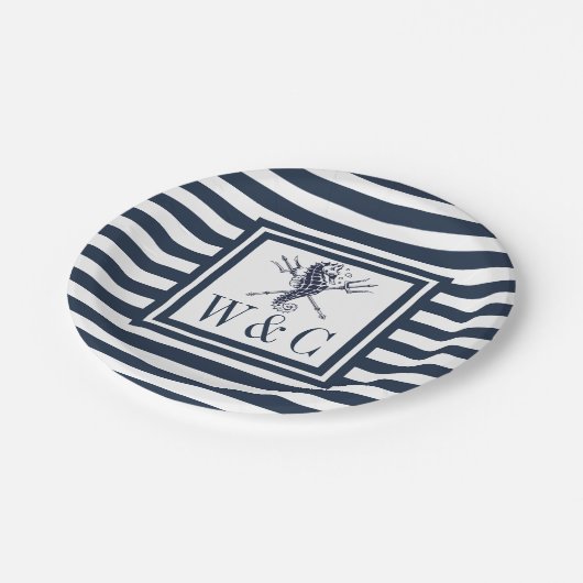 Monogram Seahorse Nautical Navy Blue Stripe Papieren Bordje (Gekanteld)