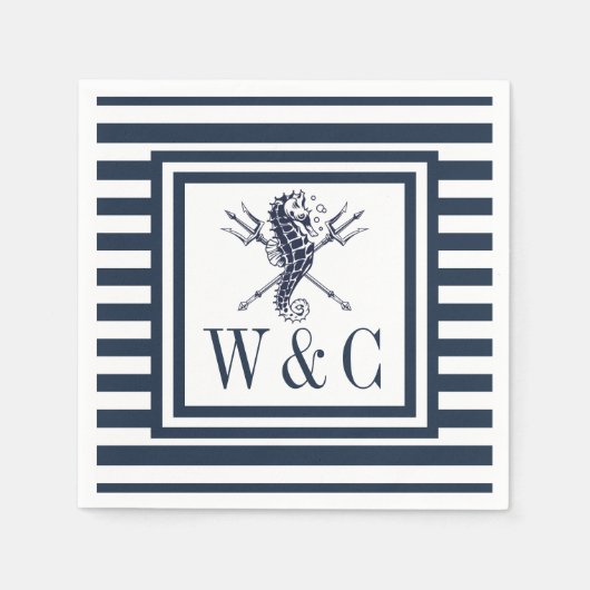 Monogram Seahorse Nautical Navy Blue Stripe Servet (Voorkant)